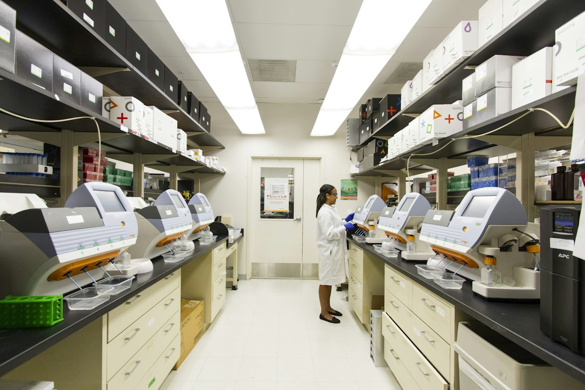 Laboratory workspace with analytical testing equipment