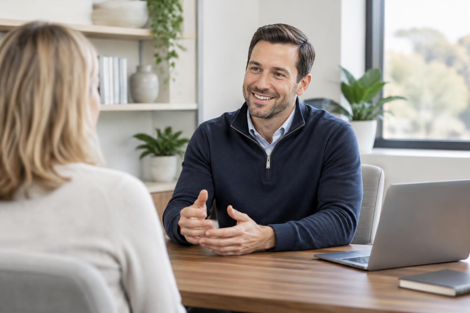 Provider in conversation with a patient in a bright clinic office